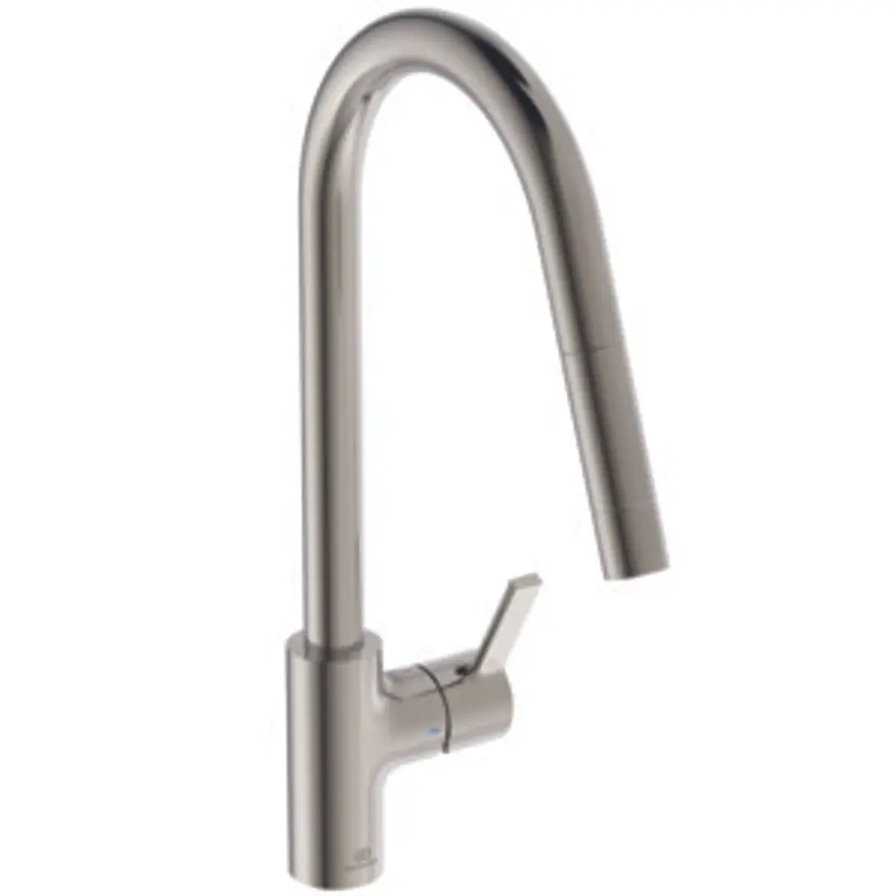 Küchenarmatur in Silber aus Edelstahl von Ideal Standard mit hohem, geschwungenem Auslauf und einem Hebel zur Steuerung von Wasserfluss und Temperatur.